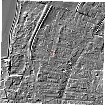 Shaded relief map of the ground around PE191ET, computed from Environment Agency LiDAR. The ground here sits at about 15 m above sea level and falls 5 m across the surrounding 800 m. Surface water reaching this point runs off ground lying to the east-north-east, 0.9 m higher.