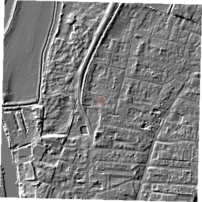 Shaded relief map of the ground around PE191EU, computed from Environment Agency LiDAR. The ground here sits at about 16 m above sea level and falls 4 m across the surrounding 800 m. Surface water reaching this point runs off ground lying to the south-south-east, 0.5 m higher.