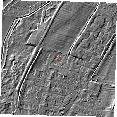 Shaded relief map of the ground around PE191EW, computed from Environment Agency LiDAR. The ground here sits at about 15 m above sea level and falls 5 m across the surrounding 800 m. Surface water reaching this point runs off ground lying to the south-south-east, 1.6 m higher.