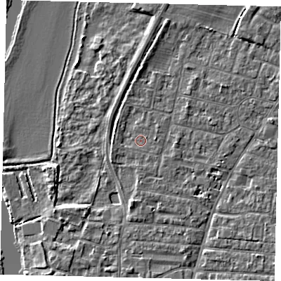 Shaded relief map of the ground around PE191EX, computed from Environment Agency LiDAR. The ground here sits at about 15 m above sea level and falls 4 m across the surrounding 800 m. Surface water reaching this point runs off ground lying to the east, 1.0 m higher.