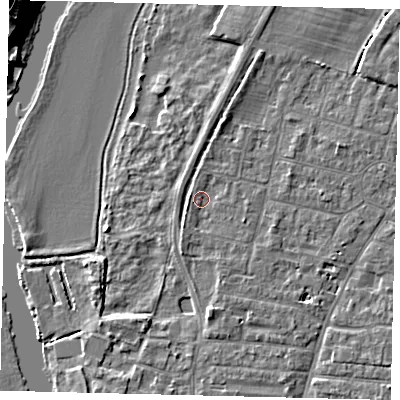 Shaded relief map of the ground around PE191EY, computed from Environment Agency LiDAR. The ground here sits at about 15 m above sea level and falls 10 m across the surrounding 800 m. Surface water reaching this point runs off ground lying to the east-south-east, 1.1 m higher.
