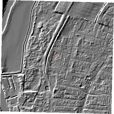 Shaded relief map of the ground around PE191EZ, computed from Environment Agency LiDAR. The ground here sits at about 15 m above sea level and falls 5 m across the surrounding 800 m. Surface water reaching this point runs off ground lying to the south-east, 1.1 m higher.