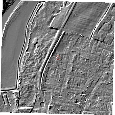 Shaded relief map of the ground around PE191HA, computed from Environment Agency LiDAR. The ground here sits at about 15 m above sea level and falls 5 m across the surrounding 800 m. Surface water reaching this point runs off ground lying to the west, 0.8 m higher.