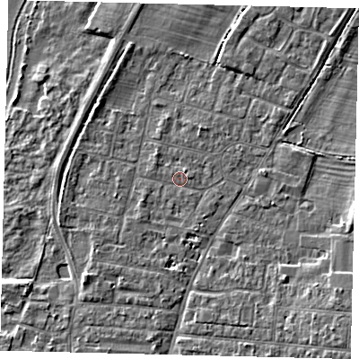 Shaded relief map of the ground around PE191HB, computed from Environment Agency LiDAR. The ground here sits at about 16 m above sea level and falls 5 m across the surrounding 800 m. Surface water reaching this point runs off ground lying to the north-north-east, 0.9 m higher.
