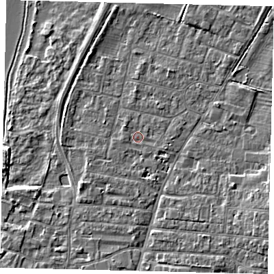 Shaded relief map of the ground around PE191HD, computed from Environment Agency LiDAR. The ground here sits at about 16 m above sea level and falls 5 m across the surrounding 800 m. Surface water reaching this point runs off ground lying to the south-south-east, 1.9 m higher.