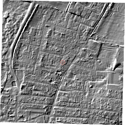 Shaded relief map of the ground around PE191HE, computed from Environment Agency LiDAR. The ground here sits at about 16 m above sea level and falls 5 m across the surrounding 800 m. Surface water reaching this point runs off ground lying to the south-south-east, 0.6 m higher.