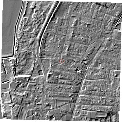 Shaded relief map of the ground around PE191HG, computed from Environment Agency LiDAR. The ground here sits at about 16 m above sea level and falls 4 m across the surrounding 800 m. Surface water reaching this point runs off ground lying to the west-south-west, 0.6 m higher.