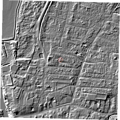 Shaded relief map of the ground around PE191HP, computed from Environment Agency LiDAR. The ground here sits at about 16 m above sea level and falls 4 m across the surrounding 800 m. Surface water reaching this point runs off ground lying to the east, 1.1 m higher.