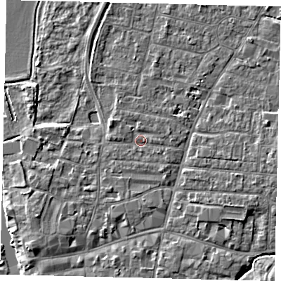 Shaded relief map of the ground around PE191HS, computed from Environment Agency LiDAR. The ground here sits at about 16 m above sea level and falls 4 m across the surrounding 800 m. Surface water reaching this point runs off ground lying to the east-north-east, 1.1 m higher.