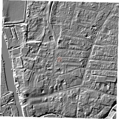 Shaded relief map of the ground around PE191HT, computed from Environment Agency LiDAR. The ground here sits at about 16 m above sea level and falls 4 m across the surrounding 800 m. Surface water reaching this point runs off ground lying to the east, 1.0 m higher.