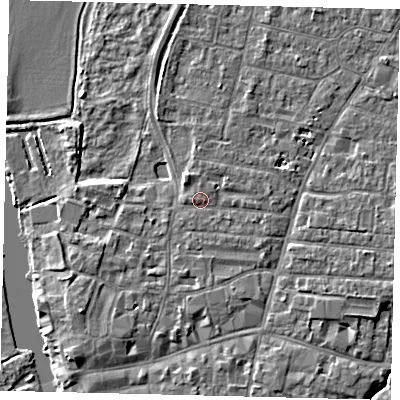 Shaded relief map of the ground around PE191HW, computed from Environment Agency LiDAR. The ground here sits at about 16 m above sea level and falls 4 m across the surrounding 800 m. Surface water reaching this point runs off ground lying to the east, 1.1 m higher.