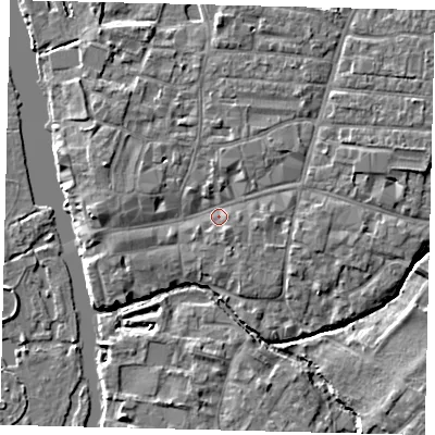 Shaded relief map of the ground around PE191JA, computed from Environment Agency LiDAR. The ground here sits at about 15 m above sea level and falls 5 m across the surrounding 800 m. Surface water reaching this point runs off ground lying to the south-south-east, 1.5 m higher.