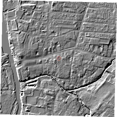 Shaded relief map of the ground around PE191JB, computed from Environment Agency LiDAR. The ground here sits at about 16 m above sea level and falls 5 m across the surrounding 800 m. Surface water reaching this point runs off ground lying to the east, 0.7 m higher.