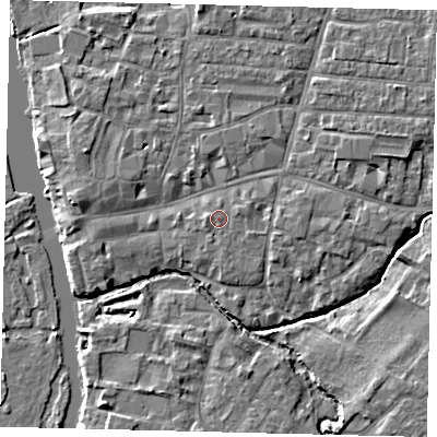 Shaded relief map of the ground around PE191JF, computed from Environment Agency LiDAR. The ground here sits at about 16 m above sea level and falls 5 m across the surrounding 800 m. Surface water reaching this point runs off ground lying to the east-north-east, 0.7 m higher.