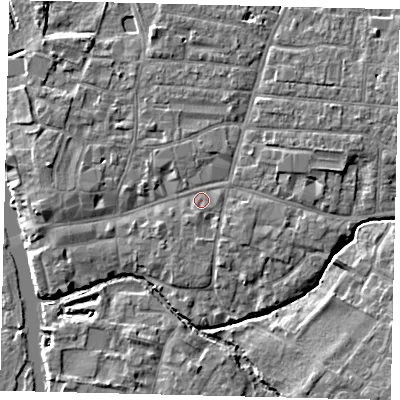 Shaded relief map of the ground around PE191JG, computed from Environment Agency LiDAR. The ground here sits at about 16 m above sea level and falls 5 m across the surrounding 800 m. Surface water reaching this point runs off ground lying to the north-west, 0.7 m higher.