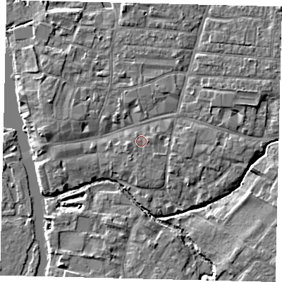 Shaded relief map of the ground around PE191JH, computed from Environment Agency LiDAR. The ground here sits at about 16 m above sea level and falls 5 m across the surrounding 800 m. Surface water reaching this point runs off ground lying to the east, 0.7 m higher.