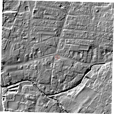Shaded relief map of the ground around PE191JJ, computed from Environment Agency LiDAR. The ground here sits at about 16 m above sea level and falls 6 m across the surrounding 800 m. Surface water reaching this point runs off ground lying to the east-south-east, 1.4 m higher.