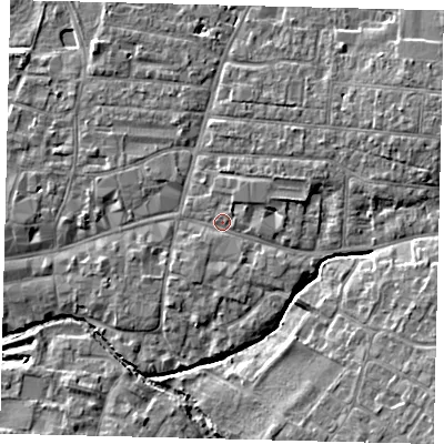 Shaded relief map of the ground around PE191JL, computed from Environment Agency LiDAR. The ground here sits at about 16 m above sea level and falls 6 m across the surrounding 800 m. Surface water reaching this point runs off ground lying to the south-south-east, 1.1 m higher.