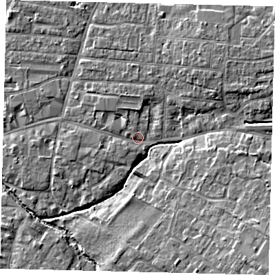 Shaded relief map of the ground around PE191JP, computed from Environment Agency LiDAR. The ground here sits at about 16 m above sea level and falls 9 m across the surrounding 800 m. Surface water reaching this point runs off ground lying to the north-north-west, 1.8 m higher.