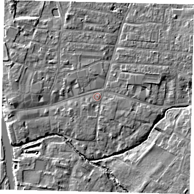 Shaded relief map of the ground around PE191JQ, computed from Environment Agency LiDAR. The ground here sits at about 16 m above sea level and falls 6 m across the surrounding 800 m. Surface water reaching this point runs off ground lying to the south-east, 1.2 m higher.