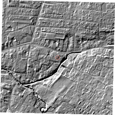Shaded relief map of the ground around PE191JR, computed from Environment Agency LiDAR. The ground here sits at about 17 m above sea level and falls 8 m across the surrounding 800 m. The ground contributing surface water to this point lies to the south-west.