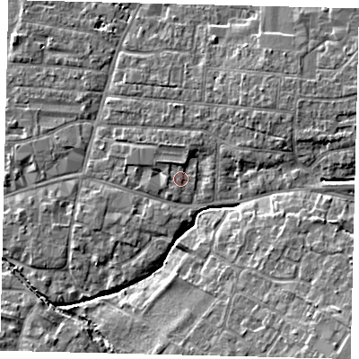 Shaded relief map of the ground around PE191JS, computed from Environment Agency LiDAR. The ground here sits at about 16 m above sea level and falls 8 m across the surrounding 800 m. Surface water reaching this point runs off ground lying to the north, 1.5 m higher.