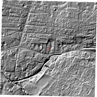 Shaded relief map of the ground around PE191JT, computed from Environment Agency LiDAR. The ground here sits at about 16 m above sea level and falls 8 m across the surrounding 800 m. Surface water reaching this point runs off ground lying to the north-east, 3.4 m higher.