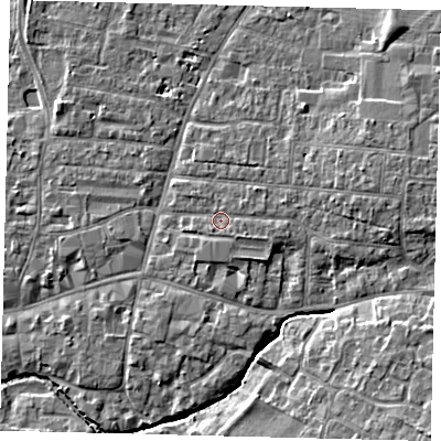 Shaded relief map of the ground around PE191JU, computed from Environment Agency LiDAR. The ground here sits at about 16 m above sea level and falls 7 m across the surrounding 800 m. Surface water reaching this point runs off ground lying to the east, 1.2 m higher.
