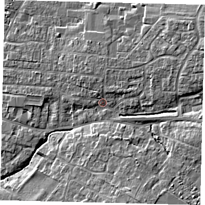 Shaded relief map of the ground around PE191JZ, computed from Environment Agency LiDAR. The ground here sits at about 17 m above sea level and falls 10 m across the surrounding 800 m. Surface water reaching this point runs off ground lying to the north-east, 8.9 m higher.