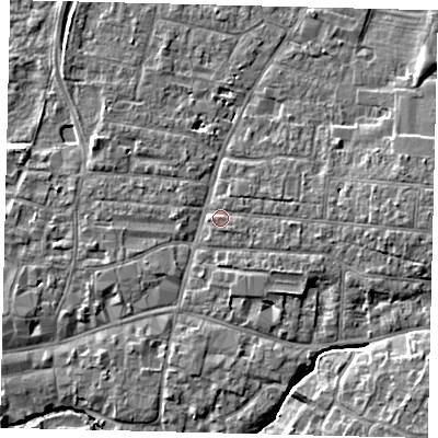 Shaded relief map of the ground around PE191LG, computed from Environment Agency LiDAR. The ground here sits at about 16 m above sea level and falls 5 m across the surrounding 800 m. Surface water reaching this point runs off ground lying to the east-south-east, 1.8 m higher.