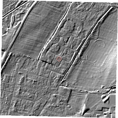 Shaded relief map of the ground around PE191LN, computed from Environment Agency LiDAR. The ground here sits at about 16 m above sea level and falls 7 m across the surrounding 800 m. The ground contributing surface water to this point lies to the east.