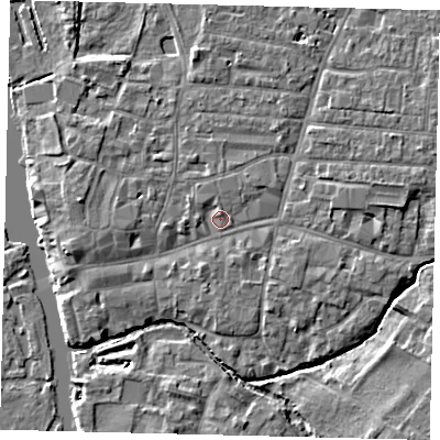 Shaded relief map of the ground around PE191NL, computed from Environment Agency LiDAR. The ground here sits at about 16 m above sea level and falls 5 m across the surrounding 800 m. Surface water reaching this point runs off ground lying to the south-south-west, 1.3 m higher.