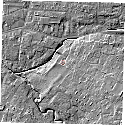 Shaded relief map of the ground around PE191PE, computed from Environment Agency LiDAR. The ground here sits at about 16 m above sea level and falls 9 m across the surrounding 800 m. Surface water reaching this point runs off ground lying to the south-east, 2.1 m higher.