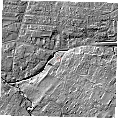Shaded relief map of the ground around PE191PF, computed from Environment Agency LiDAR. The ground here sits at about 16 m above sea level and falls 9 m across the surrounding 800 m. Surface water reaching this point runs off ground lying to the south-east, 1.1 m higher.