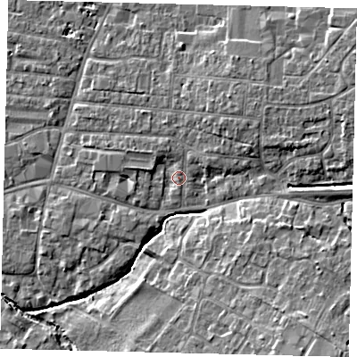 Shaded relief map of the ground around PE191PG, computed from Environment Agency LiDAR. The ground here sits at about 16 m above sea level and falls 8 m across the surrounding 800 m. Surface water reaching this point runs off ground lying to the north-east, 3.4 m higher.
