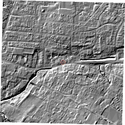 Shaded relief map of the ground around PE191PH, computed from Environment Agency LiDAR. The ground here sits at about 16 m above sea level and falls 10 m across the surrounding 800 m. Surface water reaching this point runs off ground lying to the south-east, 7.4 m higher.
