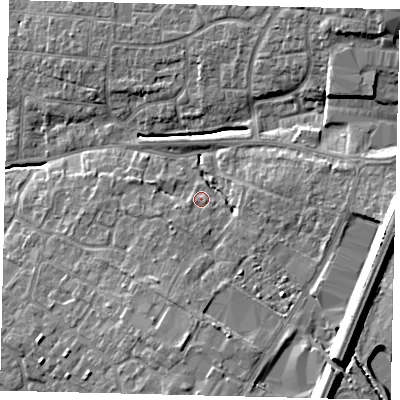 Shaded relief map of the ground around PE191PN, computed from Environment Agency LiDAR. The ground here sits at about 18 m above sea level and falls 14 m across the surrounding 800 m. Surface water reaching this point runs off ground lying to the south-south-west, 1.8 m higher.