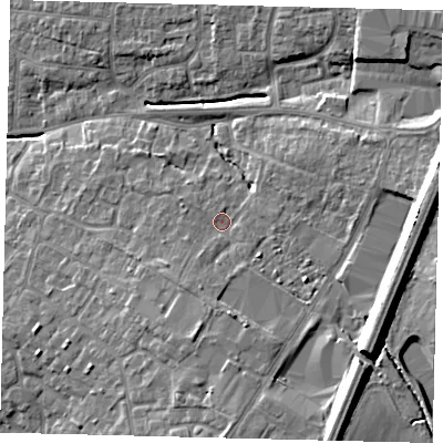Shaded relief map of the ground around PE191PP, computed from Environment Agency LiDAR. The ground here sits at about 19 m above sea level and falls 14 m across the surrounding 800 m. Surface water reaching this point runs off ground lying to the south, 3.1 m higher.
