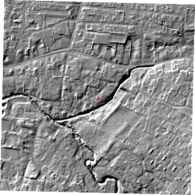 Shaded relief map of the ground around PE191PR, computed from Environment Agency LiDAR. The ground here sits at about 16 m above sea level and falls 7 m across the surrounding 800 m. Surface water reaching this point runs off ground lying to the north-east, 1.1 m higher.