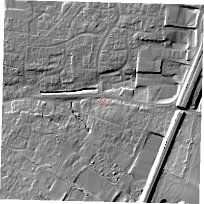 Shaded relief map of the ground around PE191PU, computed from Environment Agency LiDAR. The ground here sits at about 19 m above sea level and falls 14 m across the surrounding 800 m. Surface water reaching this point runs off ground lying to the east-south-east, 9.3 m higher.