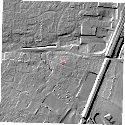 Shaded relief map of the ground around PE191PW, computed from Environment Agency LiDAR. The ground here sits at about 20 m above sea level and falls 14 m across the surrounding 800 m. Surface water reaching this point runs off ground lying to the east, 1.3 m higher.