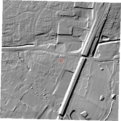Shaded relief map of the ground around PE191PY, computed from Environment Agency LiDAR. The ground here sits at about 21 m above sea level and falls 16 m across the surrounding 800 m. Surface water reaching this point runs off ground lying to the east-south-east, 6.7 m higher.