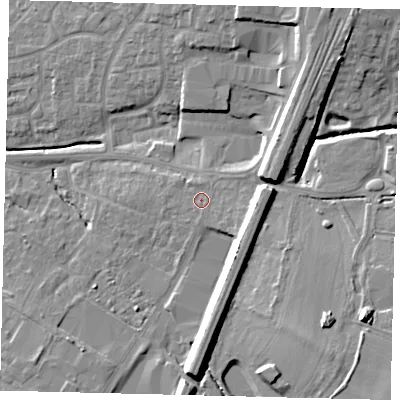 Shaded relief map of the ground around PE191PZ, computed from Environment Agency LiDAR. The ground here sits at about 21 m above sea level and falls 16 m across the surrounding 800 m. Surface water reaching this point runs off ground lying to the east-south-east, 6.4 m higher.