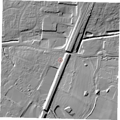 Shaded relief map of the ground around PE191QA, computed from Environment Agency LiDAR. The ground here sits at about 22 m above sea level and falls 15 m across the surrounding 800 m. Surface water reaching this point runs off ground lying to the east-south-east, 5.7 m higher.