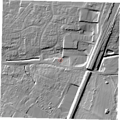 Shaded relief map of the ground around PE191QB, computed from Environment Agency LiDAR. The ground here sits at about 20 m above sea level and falls 15 m across the surrounding 800 m. Surface water reaching this point runs off ground lying to the south-east, 11.2 m higher.
