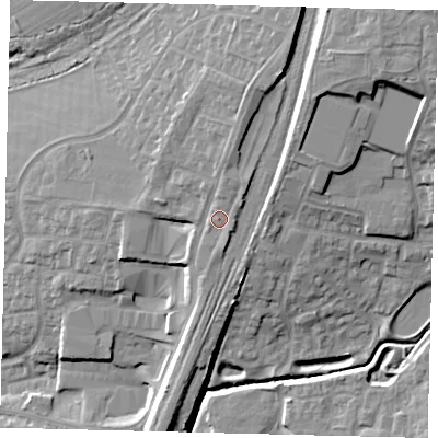Shaded relief map of the ground around PE191QF, computed from Environment Agency LiDAR. The ground here sits at about 29 m above sea level and falls 19 m across the surrounding 800 m. Surface water reaching this point runs off ground lying to the north-north-east, 2.6 m higher.