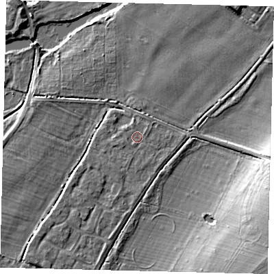 Shaded relief map of the ground around PE191RE, computed from Environment Agency LiDAR. The ground here sits at about 15 m above sea level and falls 14 m across the surrounding 800 m. The ground contributing surface water to this point lies to the south-south-west.