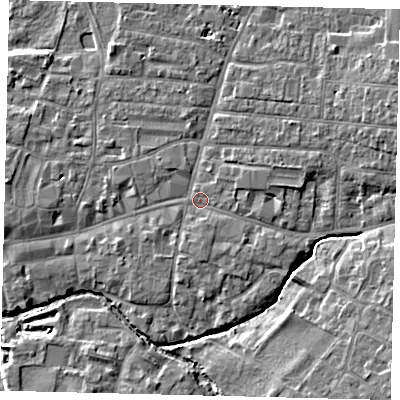 Shaded relief map of the ground around PE191RH, computed from Environment Agency LiDAR. The ground here sits at about 16 m above sea level and falls 5 m across the surrounding 800 m. Surface water reaching this point runs off ground lying to the south-east, 1.4 m higher.