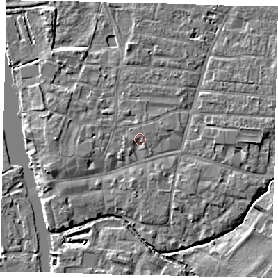 Shaded relief map of the ground around PE191RJ, computed from Environment Agency LiDAR. The ground here sits at about 16 m above sea level and falls 5 m across the surrounding 800 m. Surface water reaching this point runs off ground lying to the south-east, 1.0 m higher.