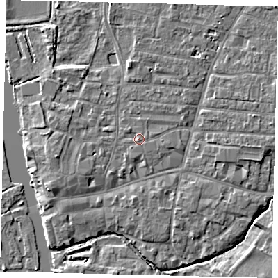 Shaded relief map of the ground around PE191RQ, computed from Environment Agency LiDAR. The ground here sits at about 16 m above sea level and falls 4 m across the surrounding 800 m. The ground contributing surface water to this point lies to the south-east.